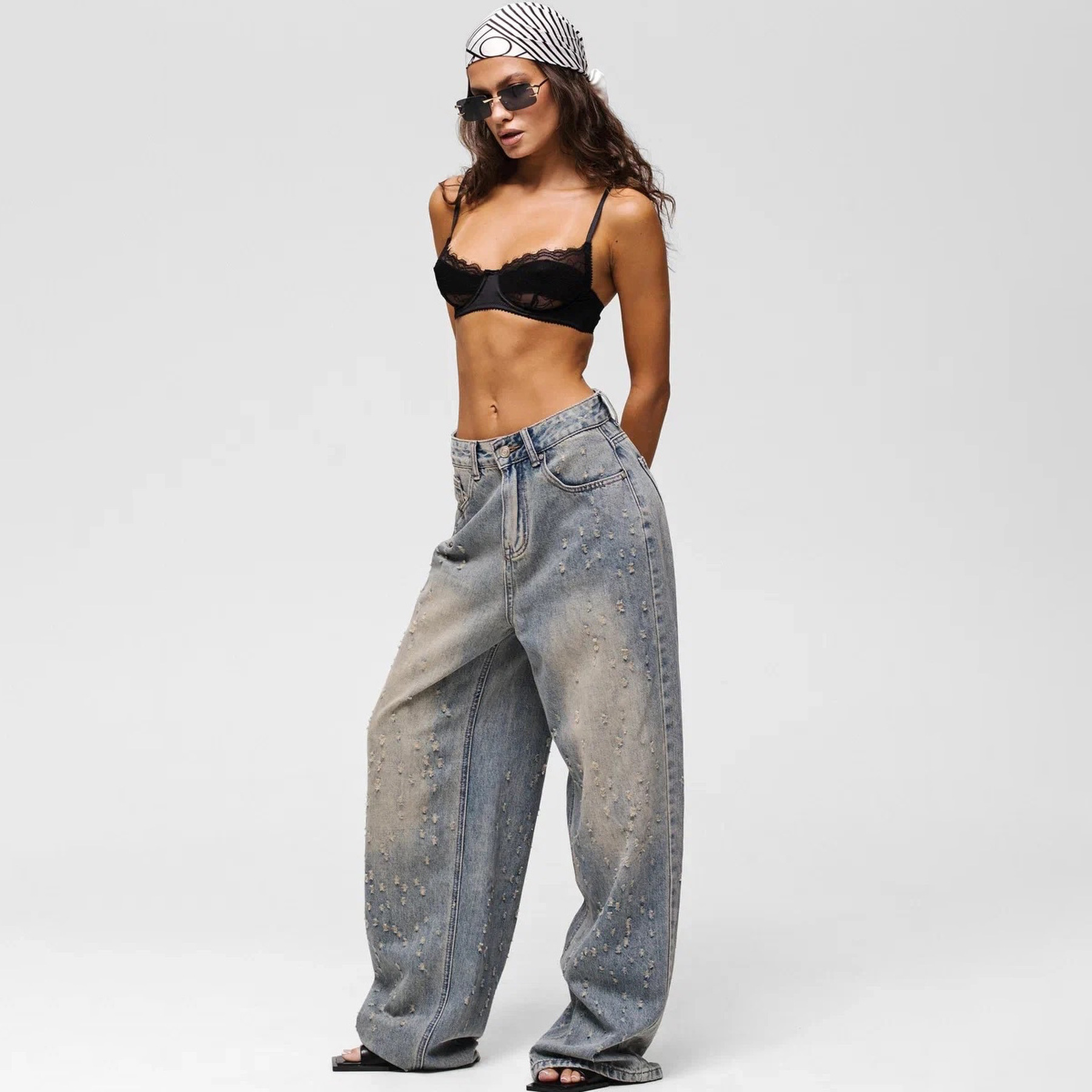 Vintage Washed Distressed Low-Rise Straight-Leg Loose Fit Denim Jeans for Women