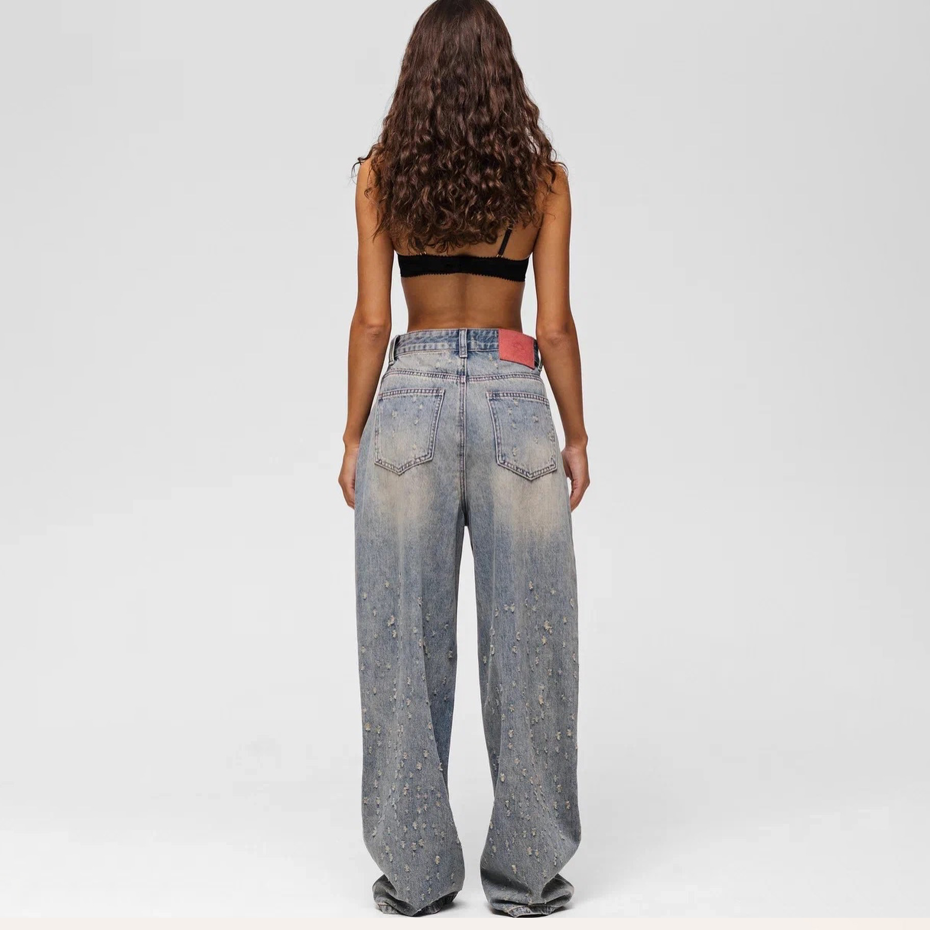 Vintage Washed Distressed Low-Rise Straight-Leg Loose Fit Denim Jeans for Women