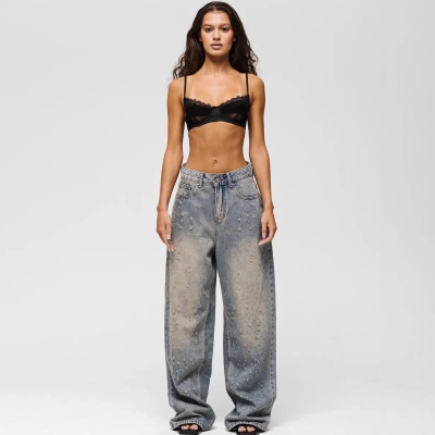 Vintage Washed Distressed Low-Rise Straight-Leg Loose Fit Denim Jeans for Women 02