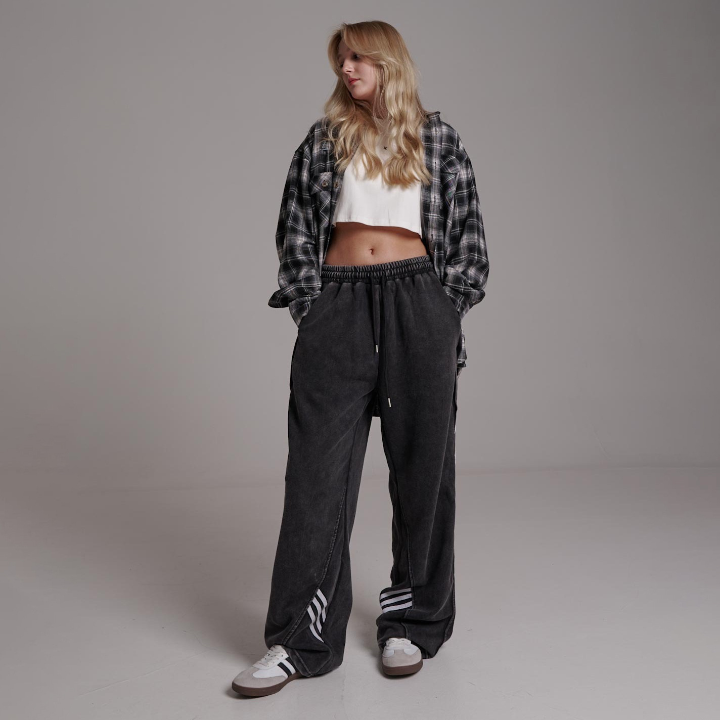 Designsoo Washed Rice-Patterned Casual Pants with Side Seam Line Decorations