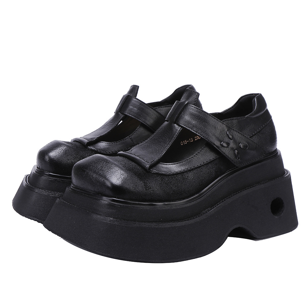 Designsoo Burned Leather Thick Sole Lightweight T-Strap Vintage Individual Flats