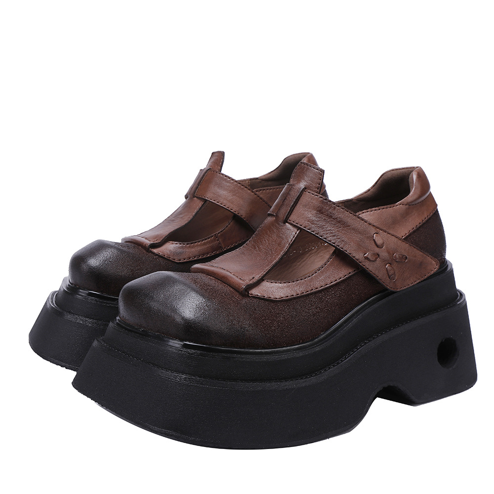 Designsoo Burned Leather Thick Sole Lightweight T-Strap Vintage Individual Flats