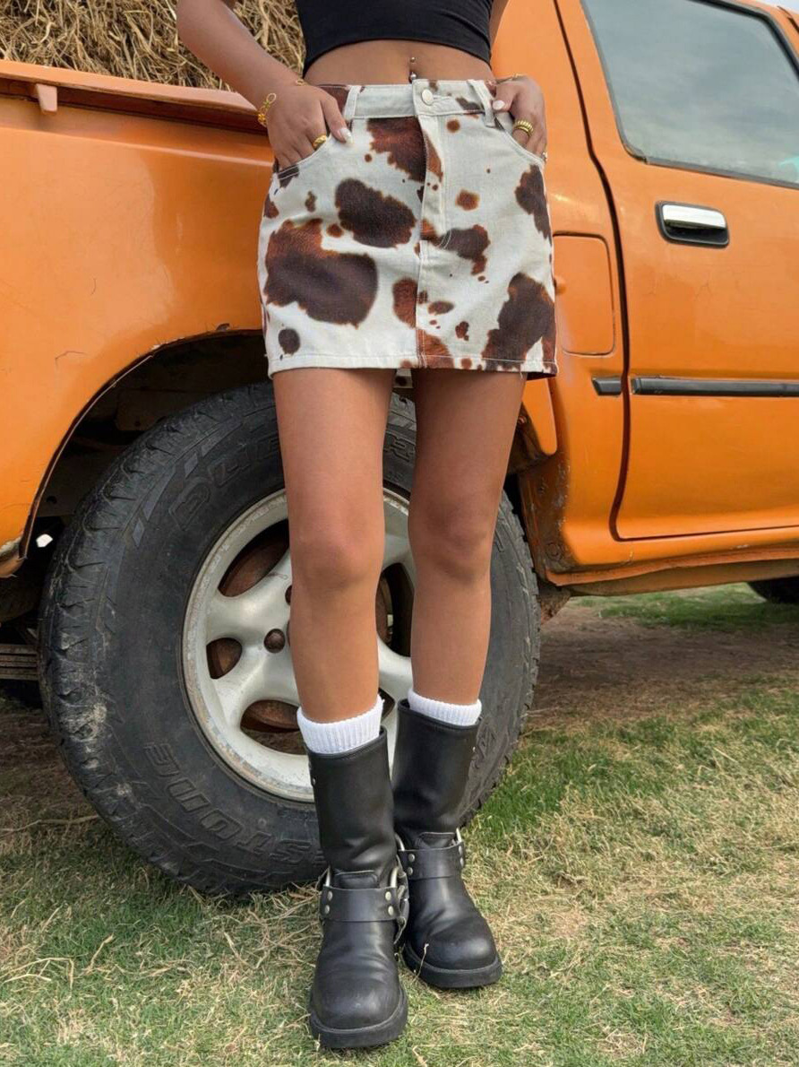 Designsoo Cow Print Pencil Fit A-line Mini Skirt
