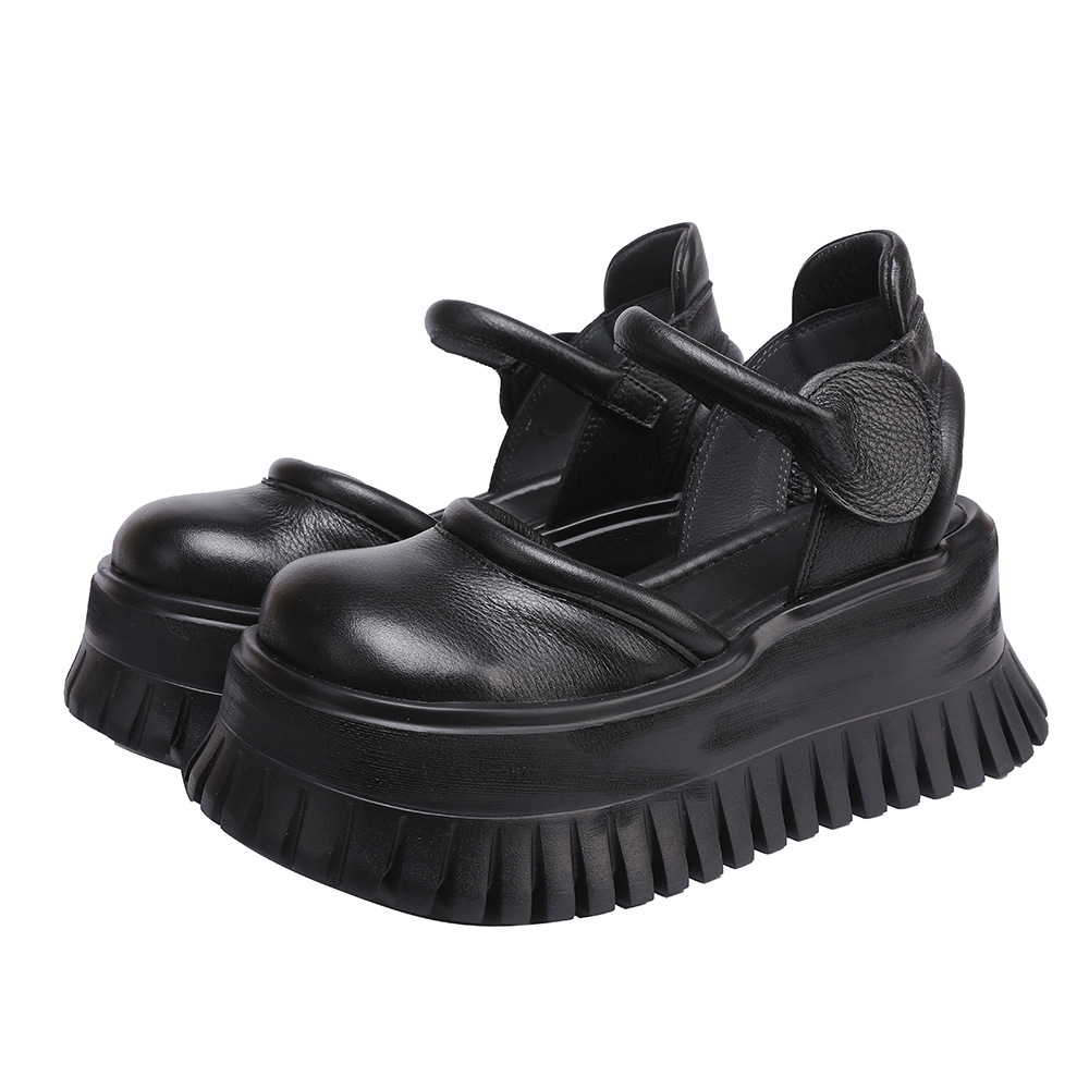 Designsoo Genuine Leather Covered-Toe Sandals with Thick Sole and Single Strap - Lightweight Retro Flats