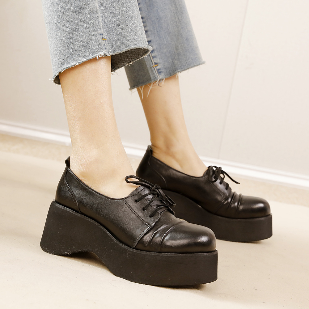 Designsoo Horse Leather Thick Sole Lace-Up Genuine Leather Shoes with British Style