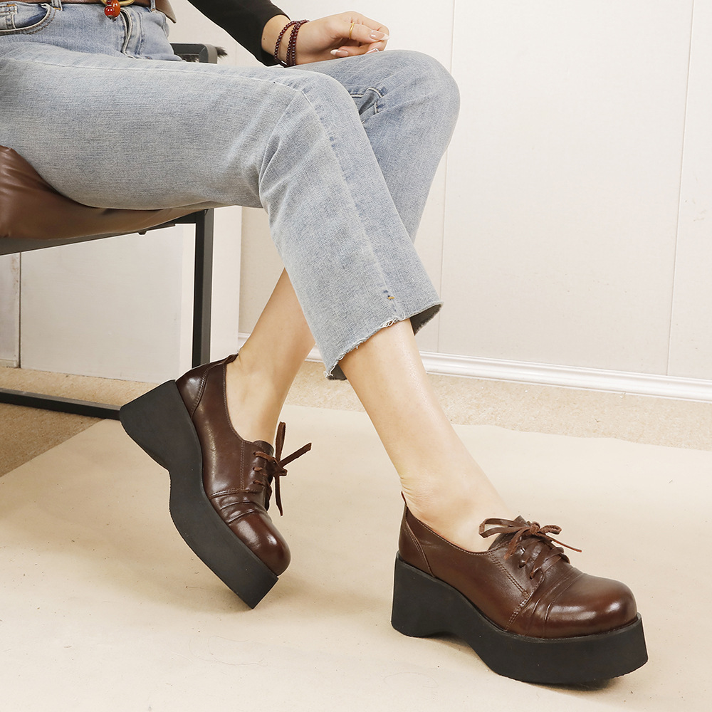 Designsoo Horse Leather Thick Sole Lace-Up Genuine Leather Shoes with British Style