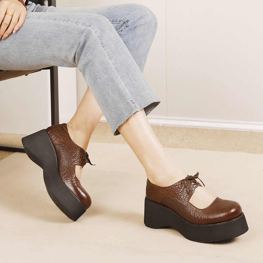 Designsoo Horse Leather Women's Shoes with Thick Sole, Genuine Leather Shallow-Cut, Cut-Out Lace-Up Flats