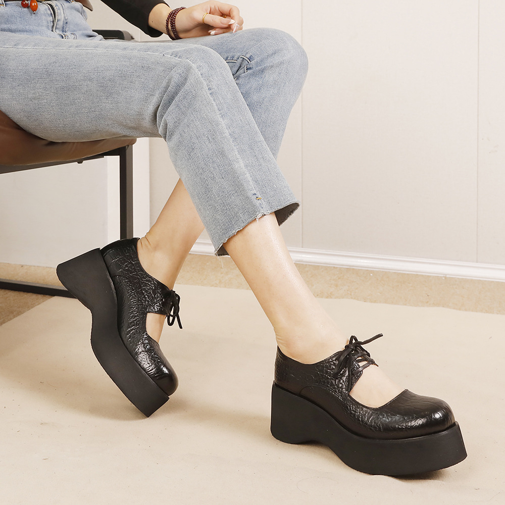 Designsoo Horse Leather Women's Shoes with Thick Sole, Genuine Leather Shallow-Cut, Cut-Out Lace-Up Flats