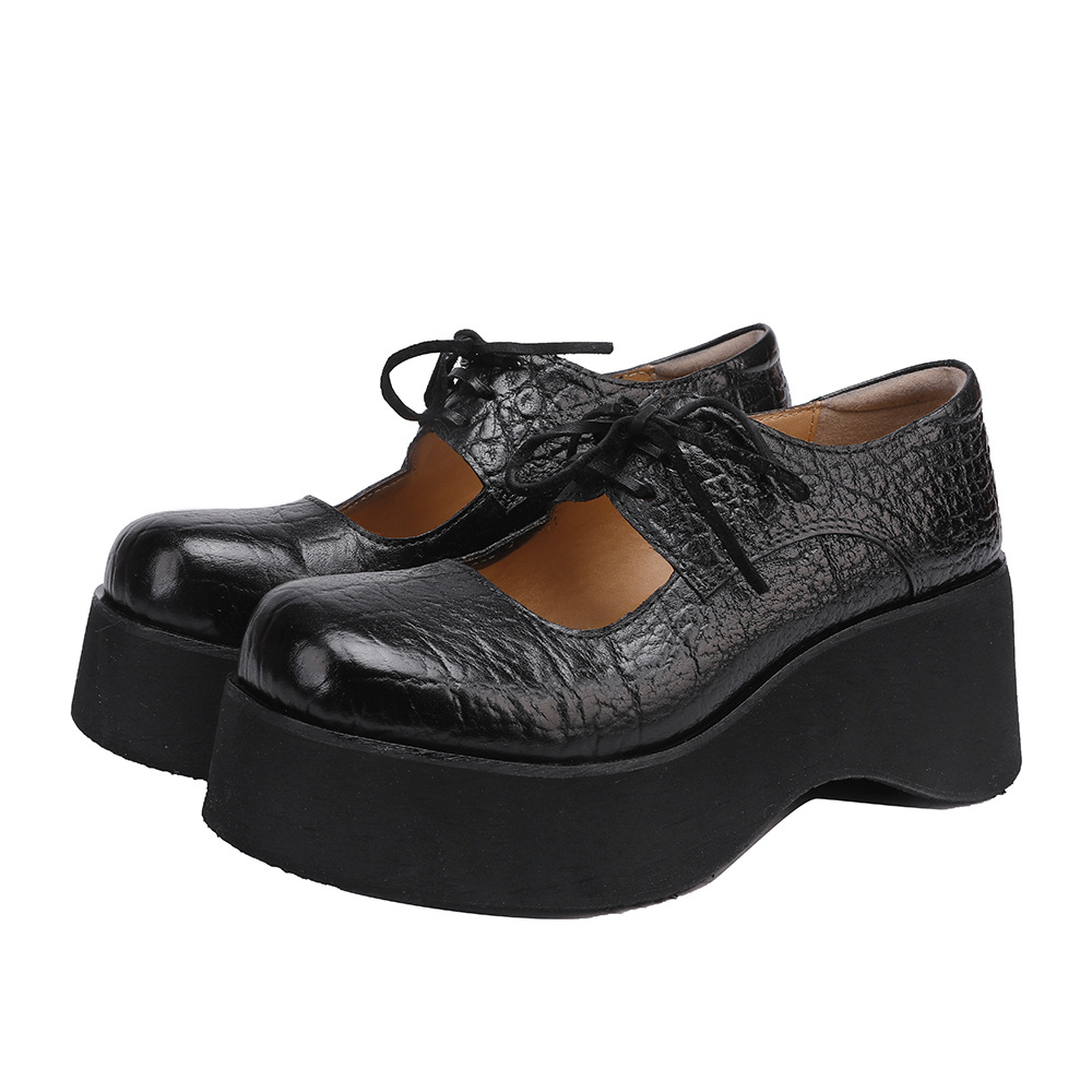 Designsoo Horse Leather Women's Shoes with Thick Sole, Genuine Leather Shallow-Cut, Cut-Out Lace-Up Flats