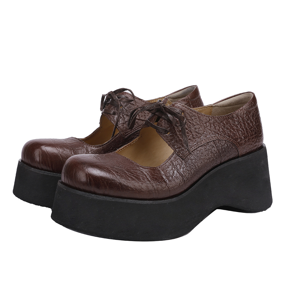 Designsoo Horse Leather Women's Shoes with Thick Sole, Genuine Leather Shallow-Cut, Cut-Out Lace-Up Flats