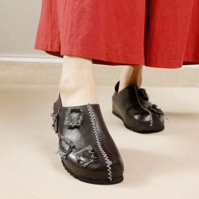 Designsoo Luxury Full Leather Minimalist Design Top Grain Leather Pudding Flats for All Seasons 01