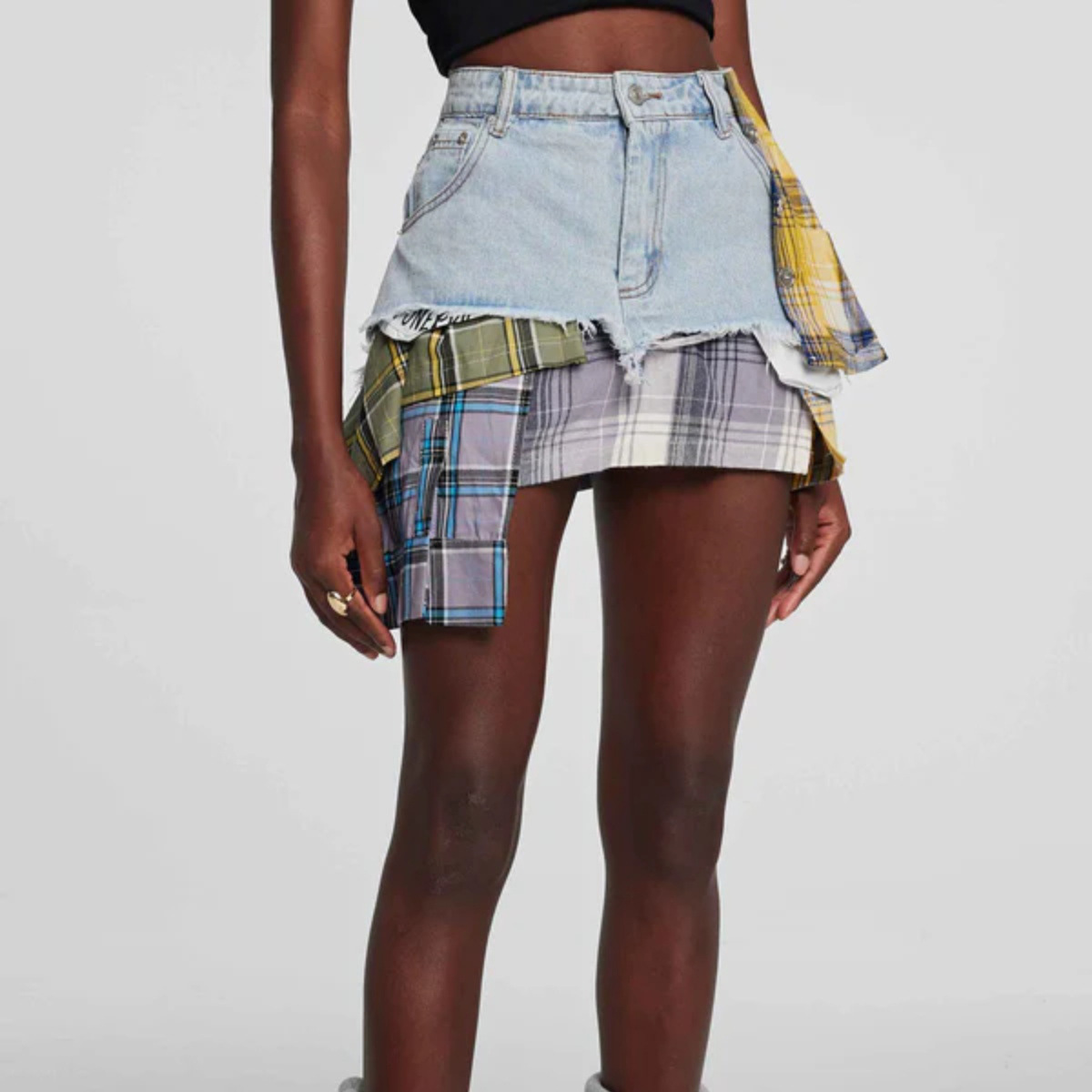 Designsoo Stylish Denim Patchwork Plaid Frayed Hem A-line Skirt