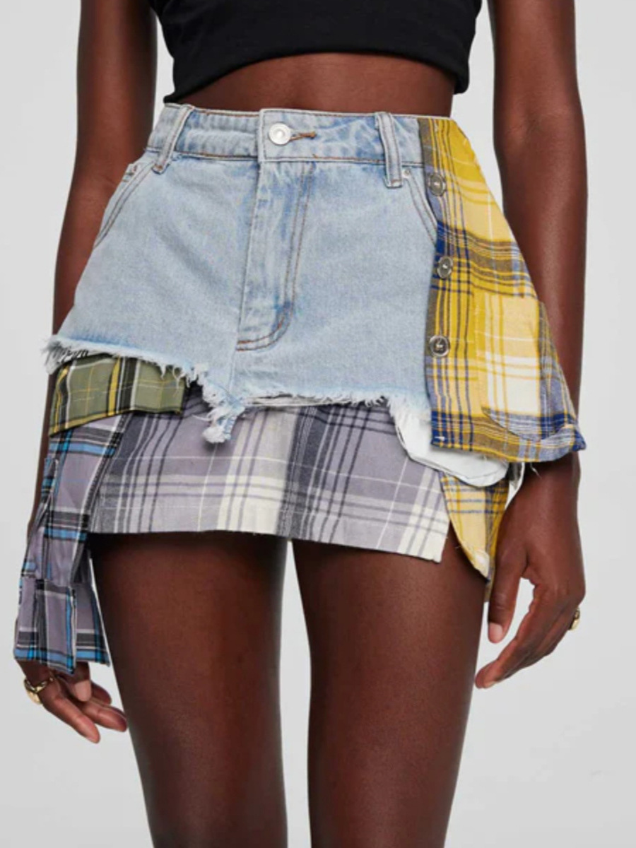 Designsoo Stylish Denim Patchwork Plaid Frayed Hem A-line Skirt