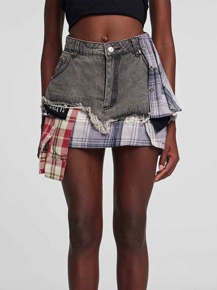 Designsoo Stylish Denim Patchwork Plaid Frayed Hem A-line Skirt