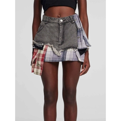 Designsoo Stylish Denim Patchwork Plaid Frayed Hem A-line Skirt 01