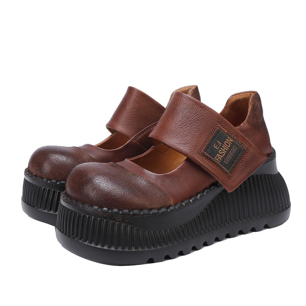 Designsoo Thick Sole Height-Increasing Magic Tape Lightweight Soft Women's Leather Flats