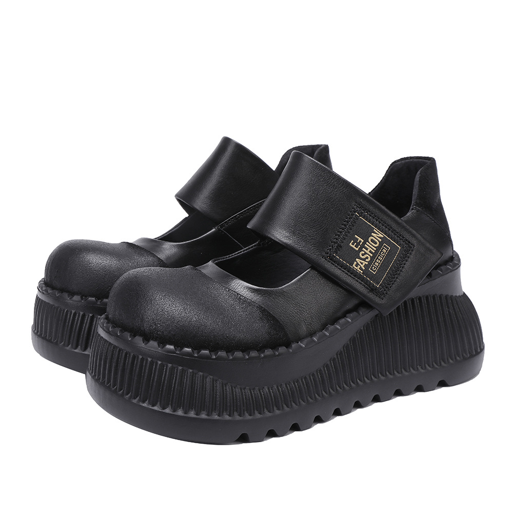 Designsoo Thick Sole Height-Increasing Magic Tape Lightweight Soft Women's Leather Flats