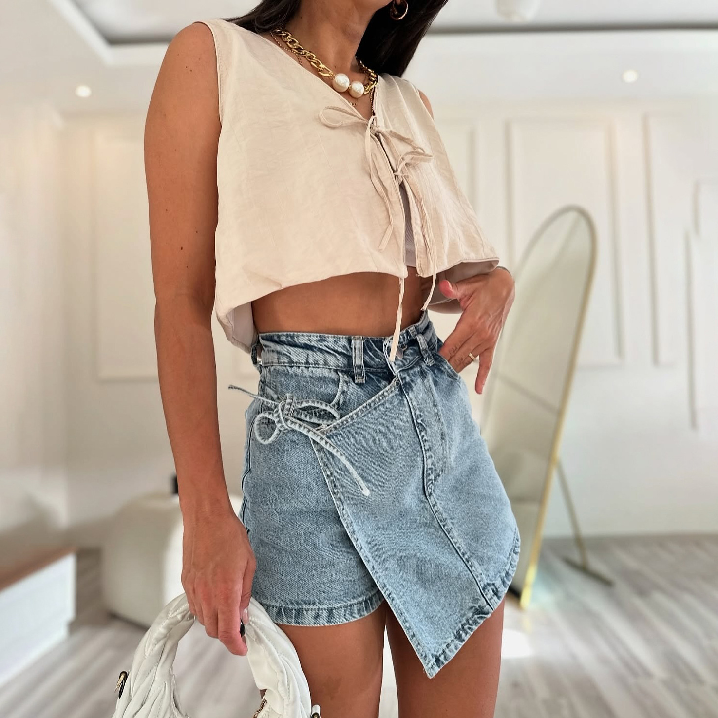 Tie-Waist Offset Two-Piece Look Denim Skirt