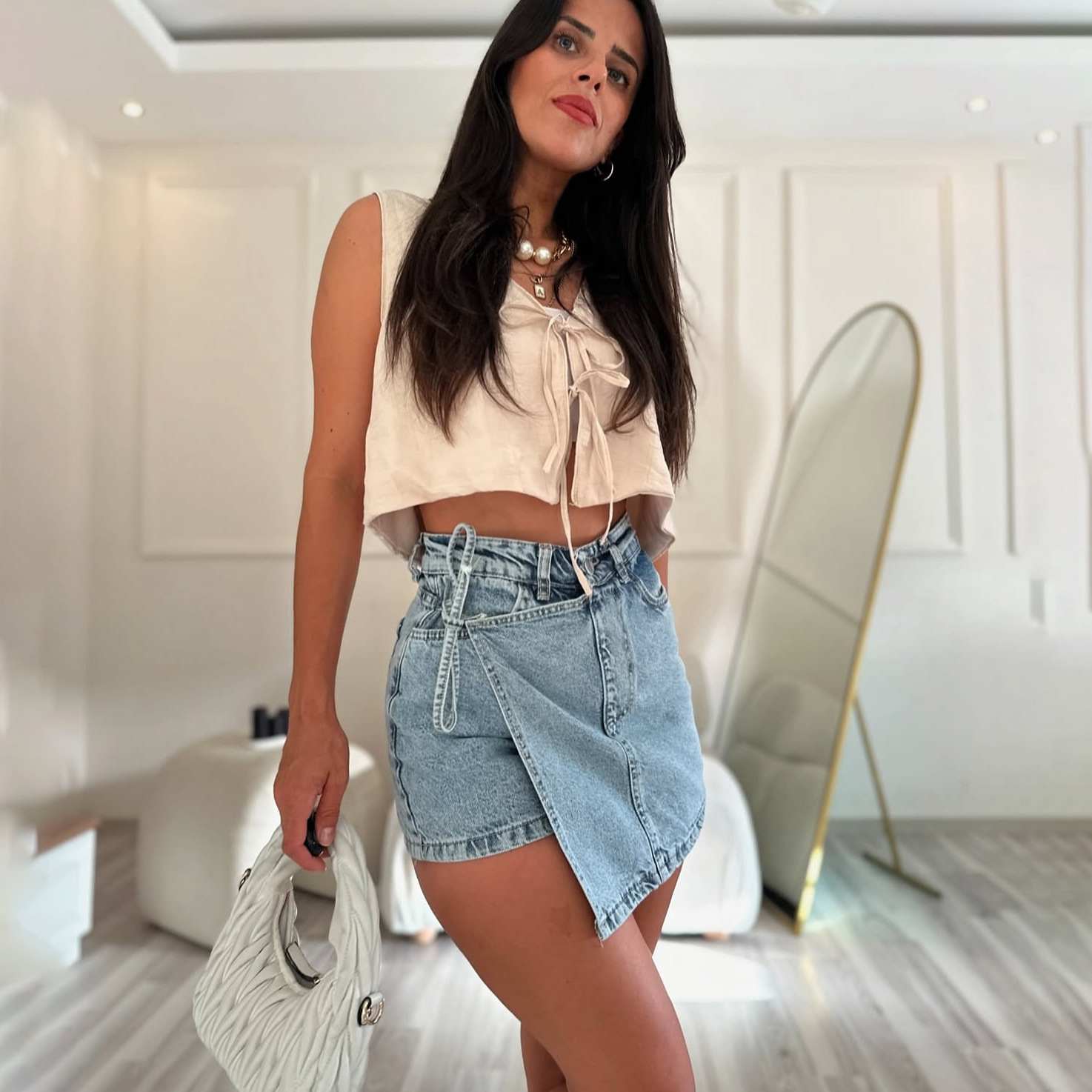 Tie-Waist Offset Two-Piece Look Denim Skirt