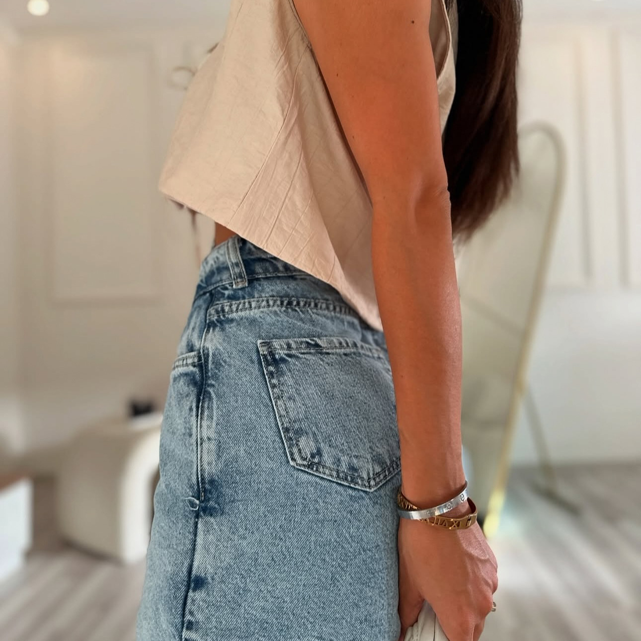 Tie-Waist Offset Two-Piece Look Denim Skirt