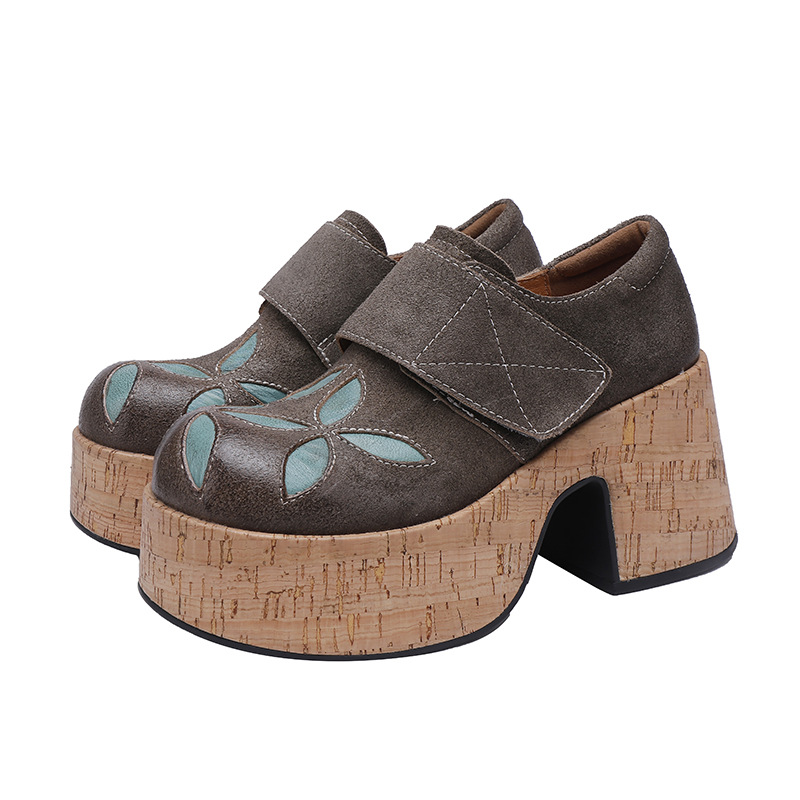 Designsoo Top Grain Leather Chunky Heel Deep-Cut Women's Handcrafted Flats