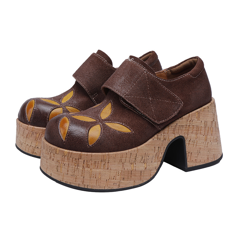 Designsoo Top Grain Leather Chunky Heel Deep-Cut Women's Handcrafted Flats