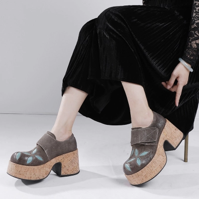 Designsoo Top Grain Leather Chunky Heel Deep-Cut Women's Handcrafted Flats 02