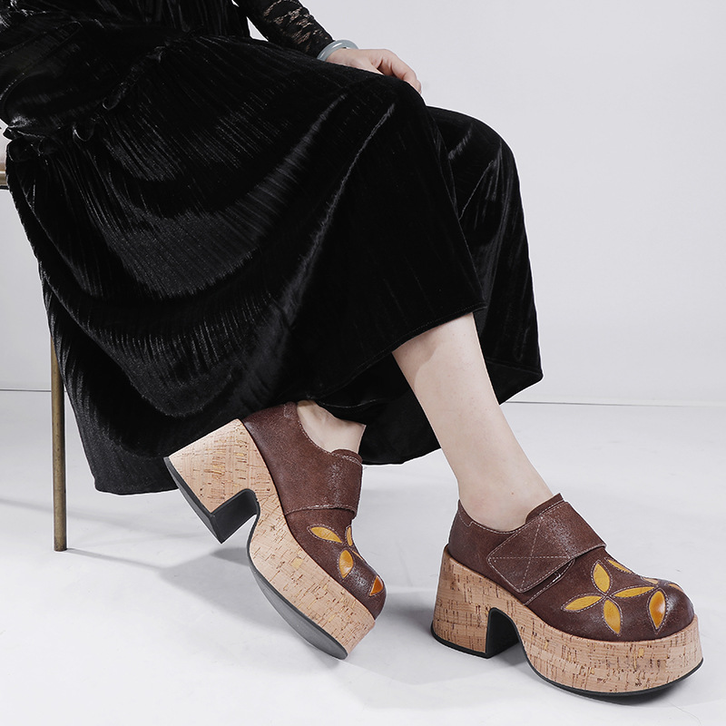 Designsoo Top Grain Leather Chunky Heel Deep-Cut Women's Handcrafted Flats