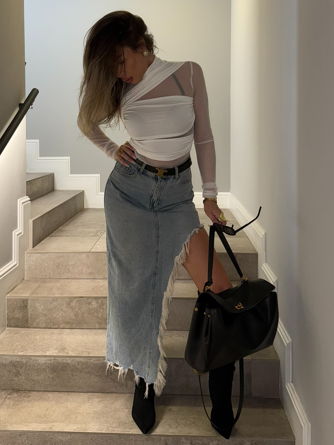 Designsoo Washed Denim Fringe Hem Asymmetrical Midi Pencil Skirt