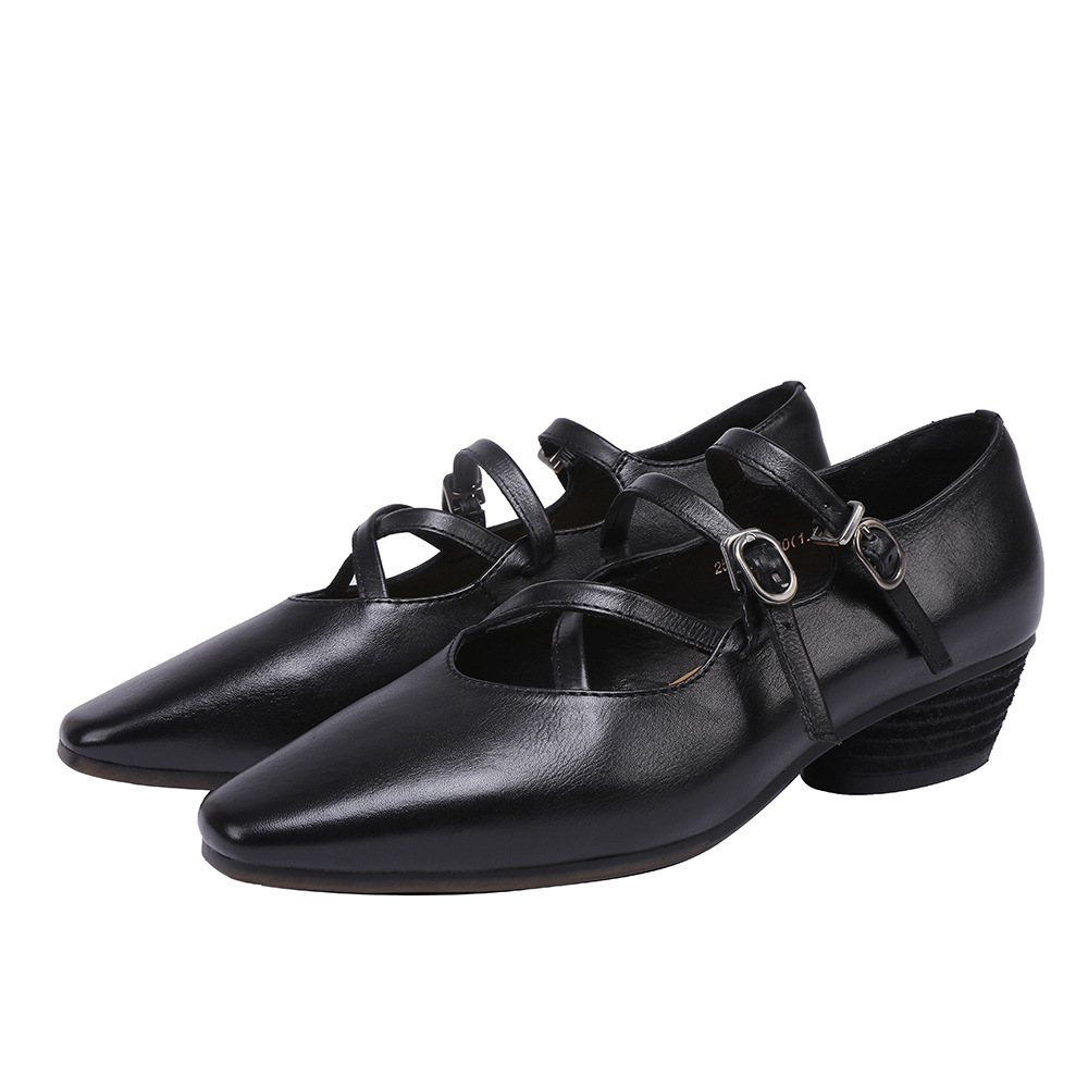 Designsoo Washed Leather Full Leather Inside-Out Cross Strap Shallow-Cut Pointed Toe Flats