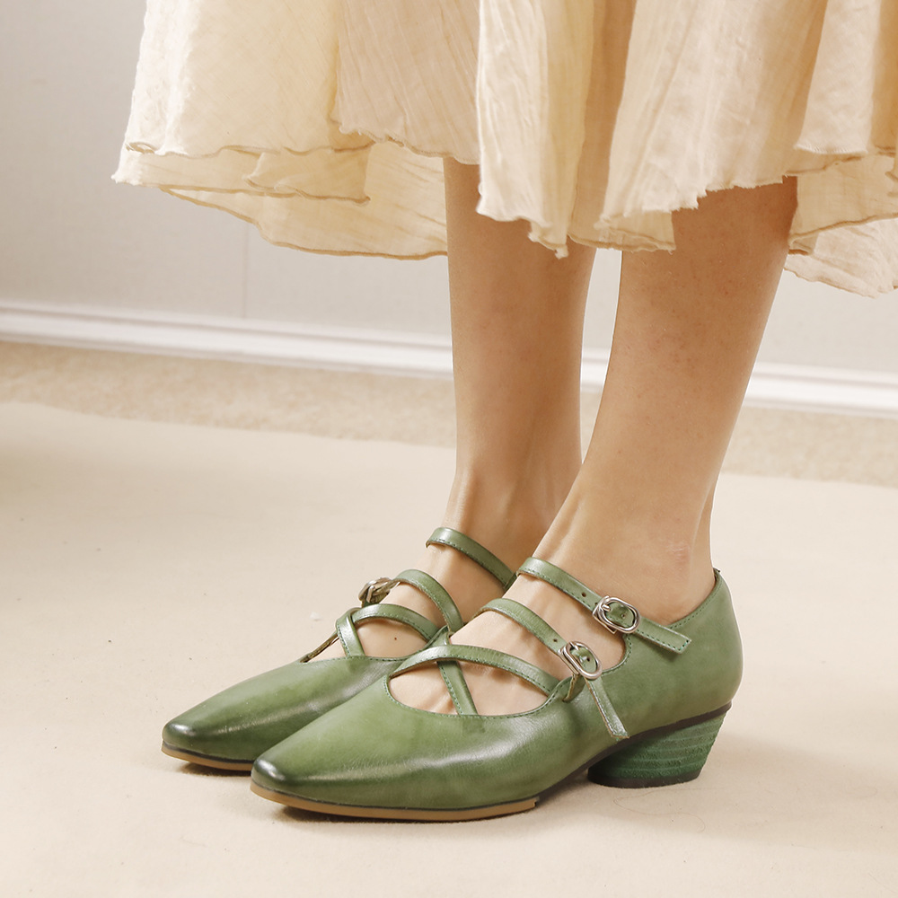 Designsoo Washed Leather Full Leather Inside-Out Cross Strap Shallow-Cut Pointed Toe Flats