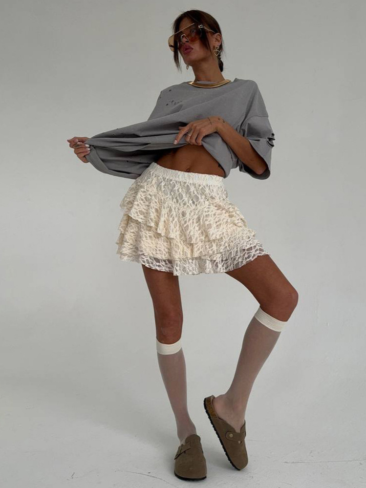 Designsoo White Lace Ruffle Hem Half Skirt