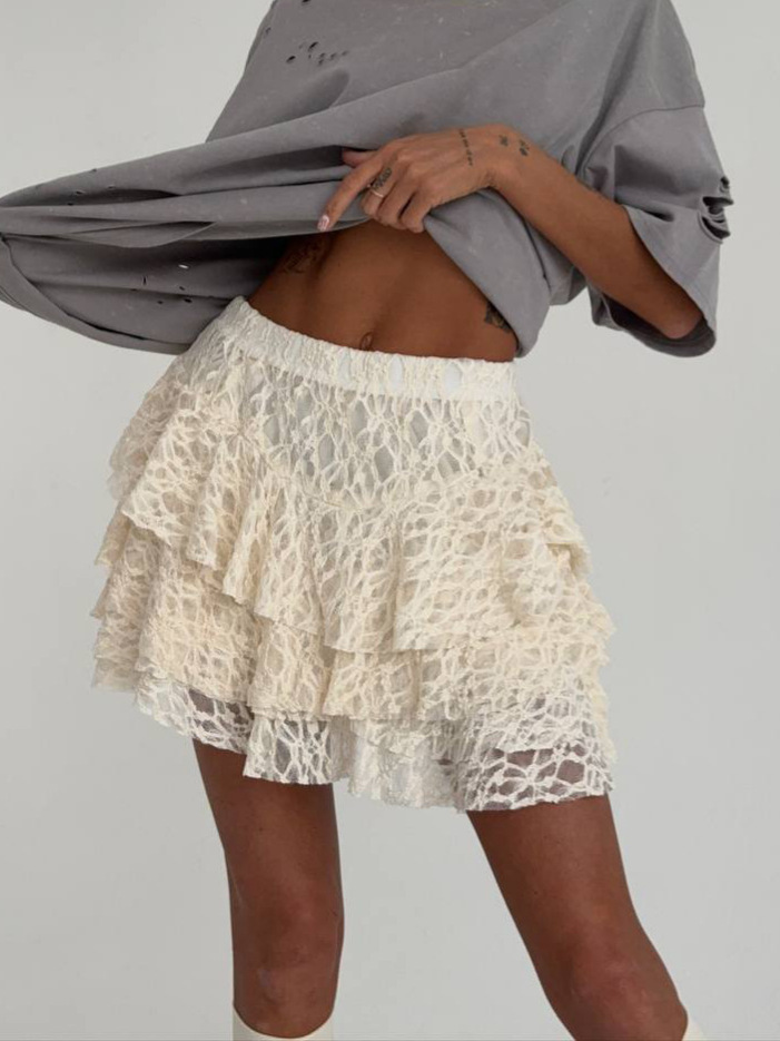 Designsoo White Lace Ruffle Hem Half Skirt
