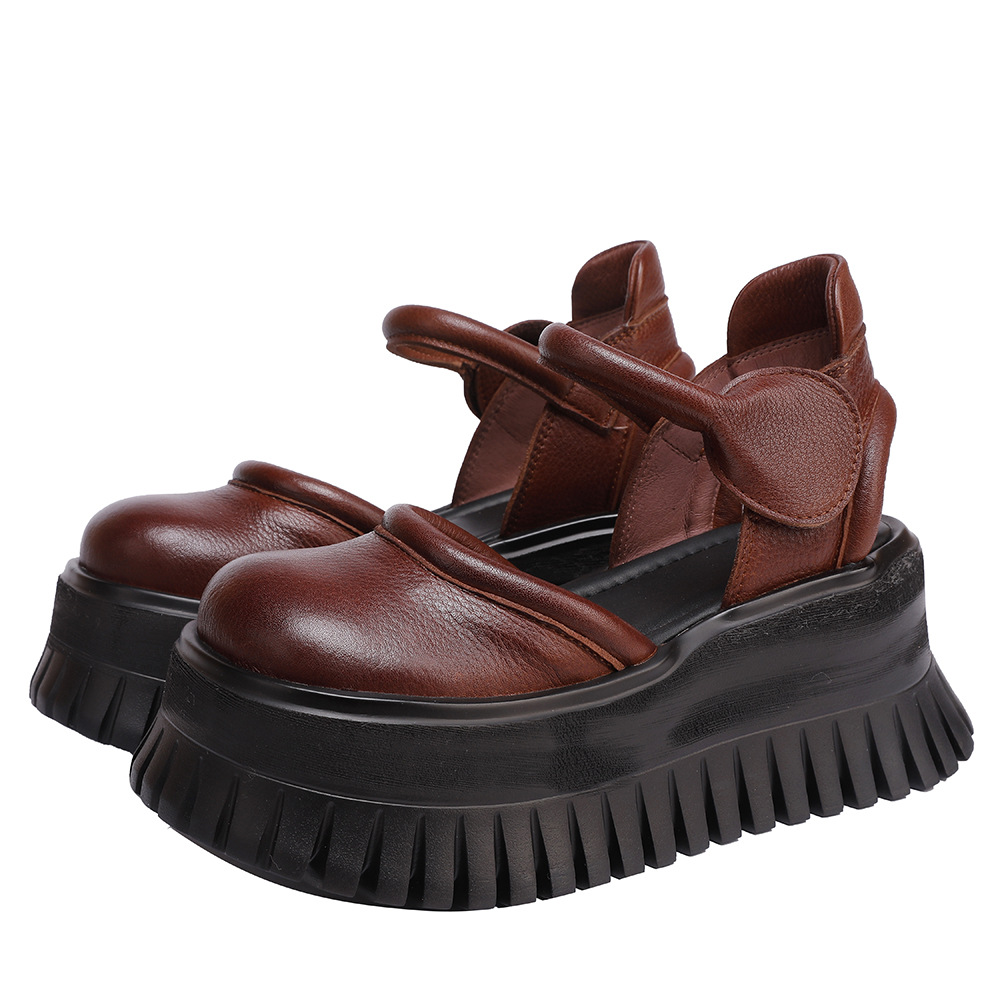 Genuine Leather Closed-Toe Sandals with Thick Sole and Single Strap Vintage Handmade Shoes