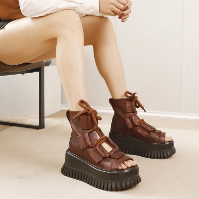 Genuine Leather Thick Sole Peep-Toe Roman Sandals 01