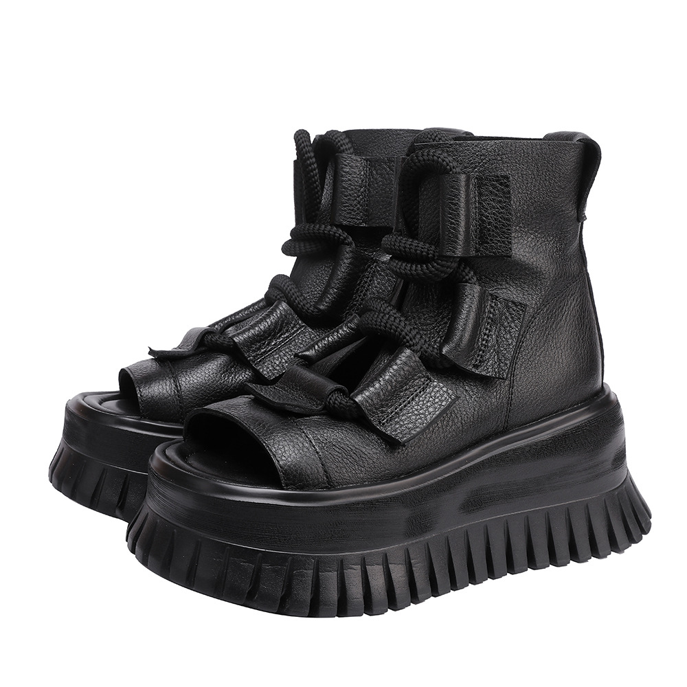 Designsoo Genuine Leather Thick Sole Peep-Toe Roman Sandals