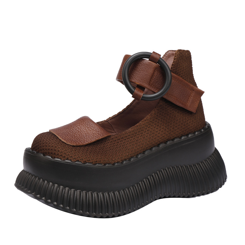 Designsoo Platform Genuine Leather One-Strap Shallow-Cut Flats for All Seasons