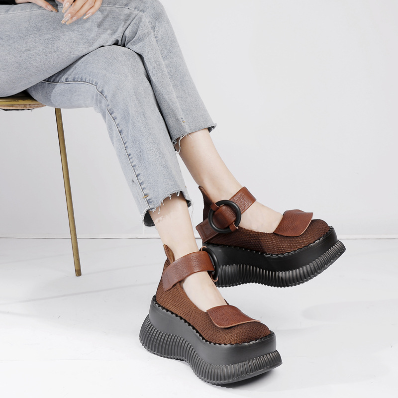 Designsoo Platform Genuine Leather One-Strap Shallow-Cut Flats for All Seasons