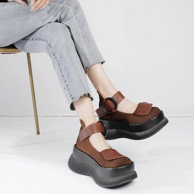 Designsoo Platform Genuine Leather One-Strap Shallow-Cut Flats for All Seasons 01