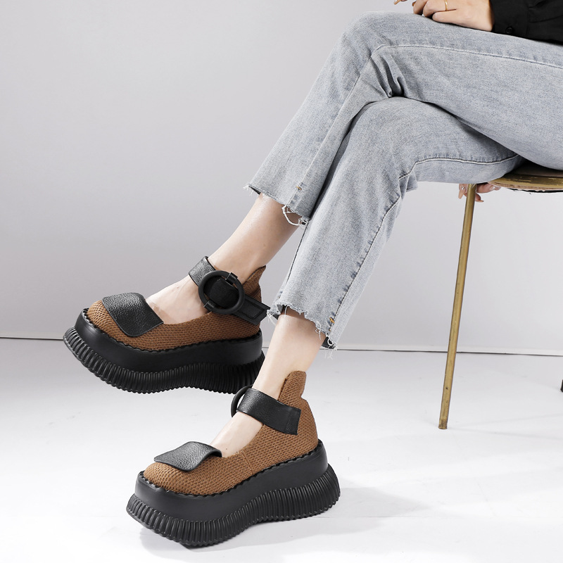 Designsoo Platform Genuine Leather One-Strap Shallow-Cut Flats for All Seasons