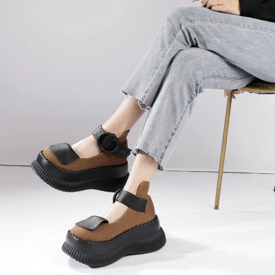 Designsoo Platform Genuine Leather One-Strap Shallow-Cut Flats for All Seasons 02