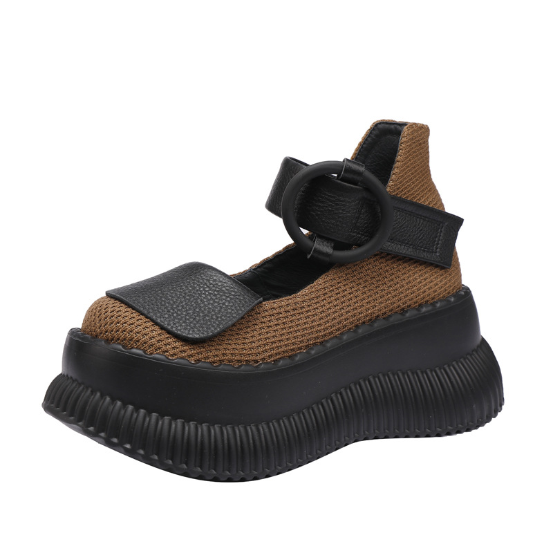 Designsoo Platform Genuine Leather One-Strap Shallow-Cut Flats for All Seasons