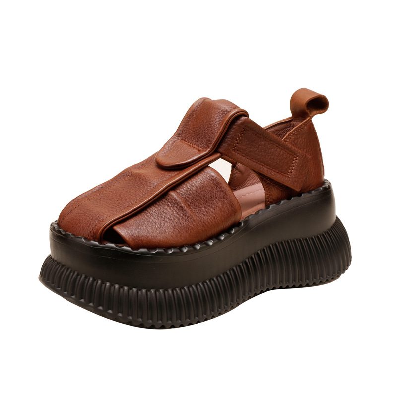 Round-Toe Genuine Leather Comfortable 8cm Thick Sole Vintage Sandals