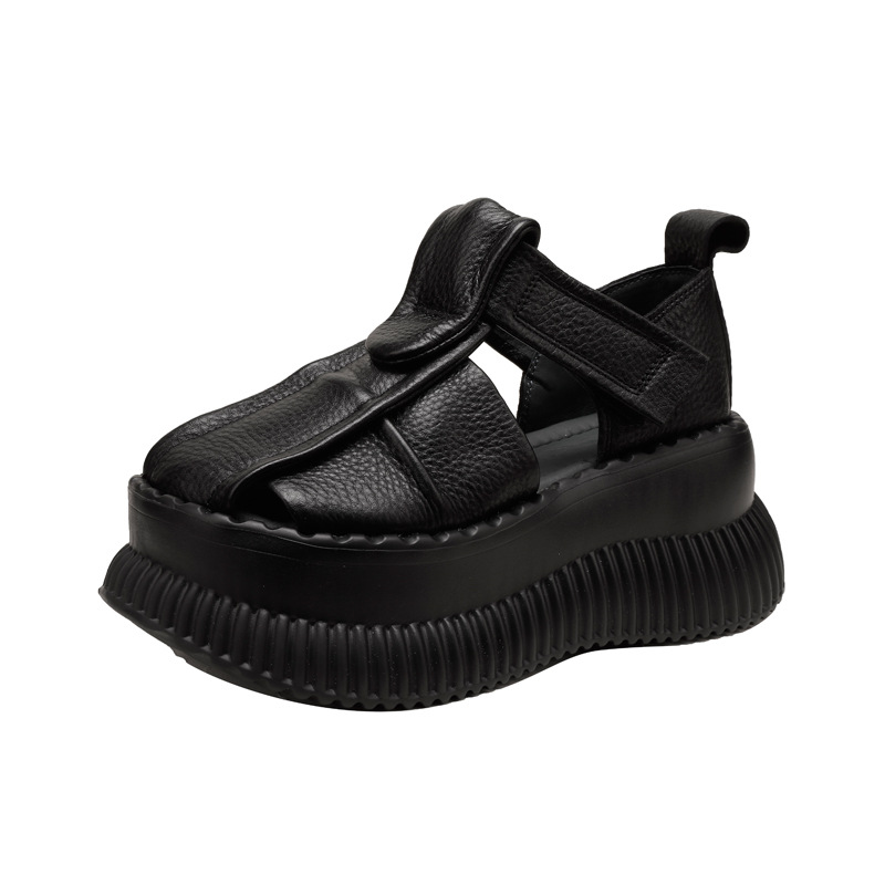 Round-Toe Genuine Leather Comfortable 8cm Thick Sole Vintage Sandals