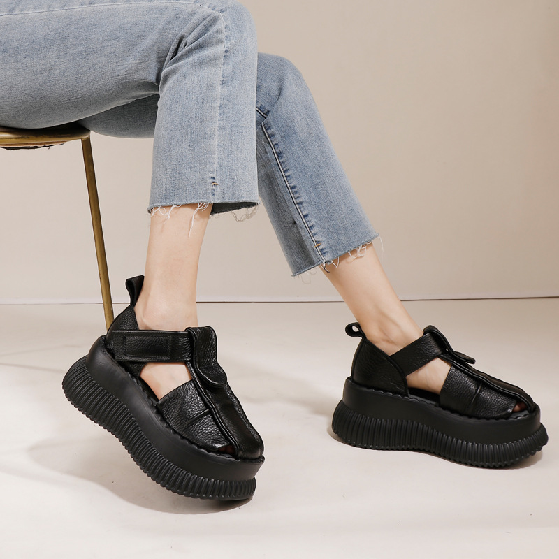 Round-Toe Genuine Leather Comfortable 8cm Thick Sole Vintage Sandals