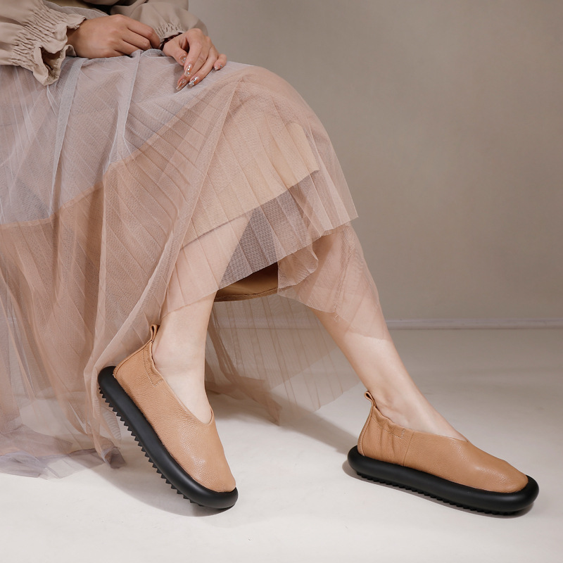 Vintage Genuine Leather Handcrafted Shallow-Cut Slip-On Flats