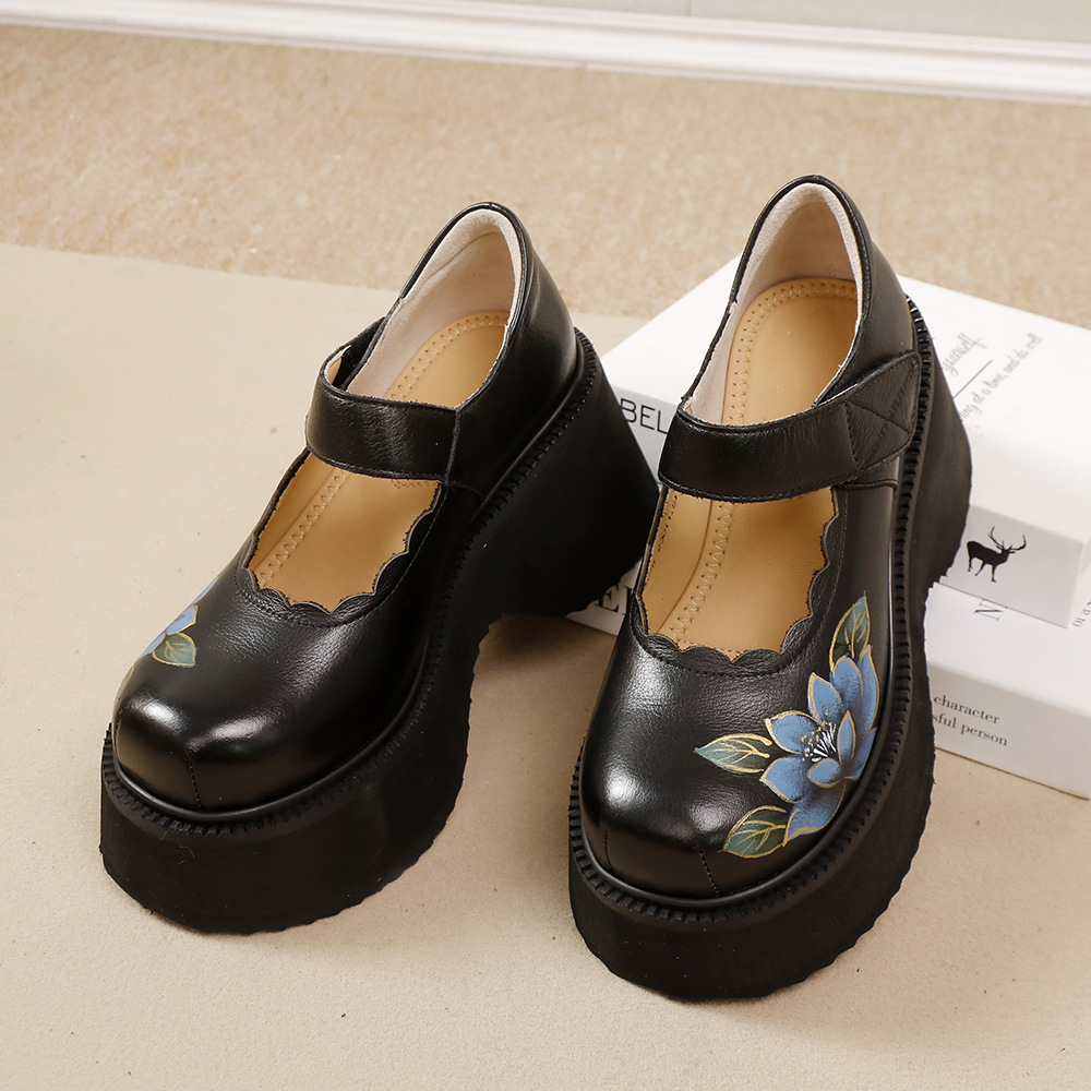 Designsoo Vintage Thick Sole Hand-Painted One-Strap Flats
