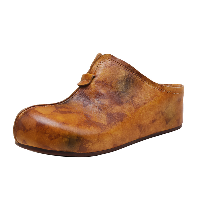 Designsoo Washed Genuine Leather Vintage Thick Sole Closed-Toe Slippers