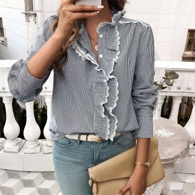 Designsoo Casual Striped Lace Trim Button Front Long Sleeve Cardigan Blouse for Women 02