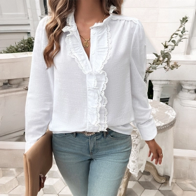 Designsoo Casual Striped Lace Trim Button Front Long Sleeve Cardigan Blouse for Women 01